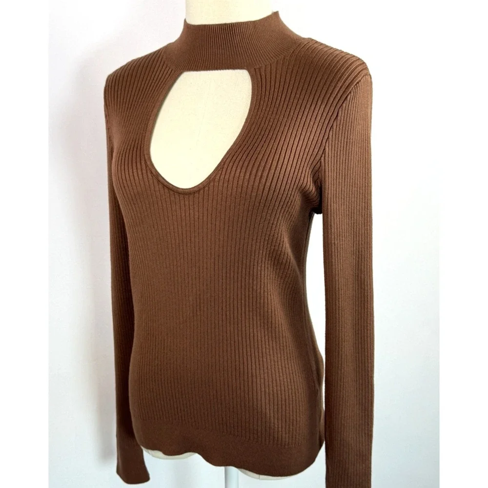 Abercrombie & Fitch Women's Large Brown Knit Ribbed Neck Fitted Sweater